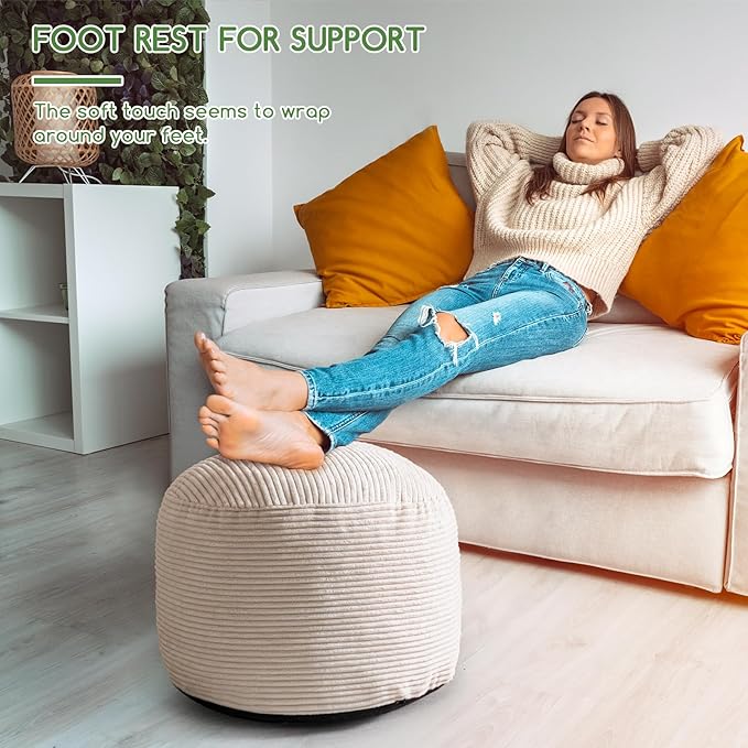 HIGOGOGO Round Stuffed Pouf Ottoman, Corduroy Poufs with Foam Chunk Filling, Corduroy Pouf Foot Stool Storage Ottoman, 26 X 18 Floor Poufs Foot Rest for Living Room, Beige