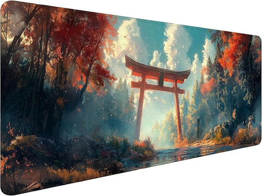 Japanese Torii Anime Desk Mat Cartoon Forest Ancient Clouds Red Mousepad XL Large Gaming Mouse Pad Laptop Keyboard Mat Desk Pad 31.5"x11.8" Office Computer Keyboard Laptop Home