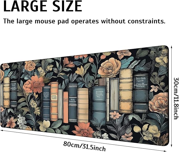 Large Gaming Mouse Pad Books and Flowers Desk Mat,Non-Slip Rubber Base Stitched Edges,Extended Mousepad for PC,Laptop,Office,Home Decor(31.5 x 11.8 Inch)