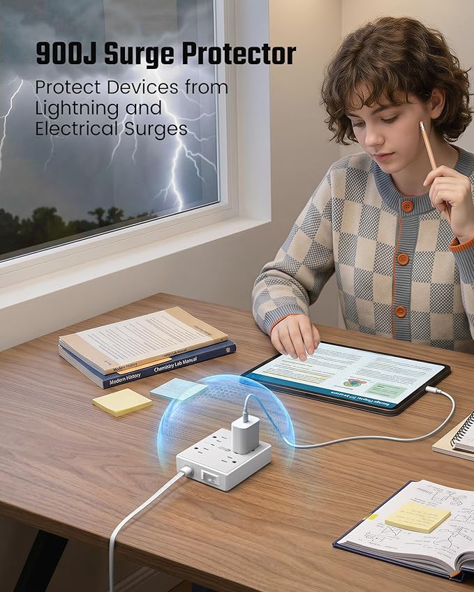 SUPERDANNY Flat Plug Power Strip Surge Protector 10 Ft Long Flat Extension Cord with 4 Outlets & 4 USB (2 USB-C) Charging Station for Home Office, College Dorm Room Essentials, Travel, White