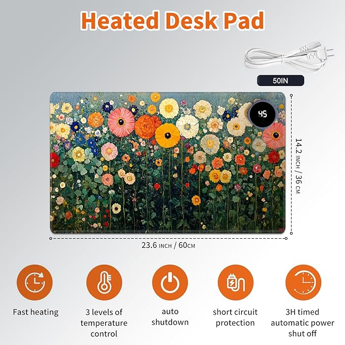 Heated Mouse Pad,Warm Desk Pad with 3 Levels Heating & 3 Hours Auto Shut-Off, PU Leather Heated Desk Pad Warmer Pad for Home Office - 23.6 x 14.2 inch,Wildflowers
