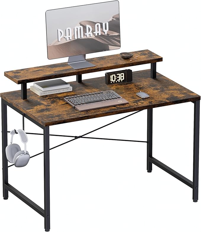Pamray 32 Inch Small Computer Desk with Monitor Stand, Simple Office Desk with Headphone Hook for Small Spaces, Kids Study Writing Table for Bedroom, Vintage