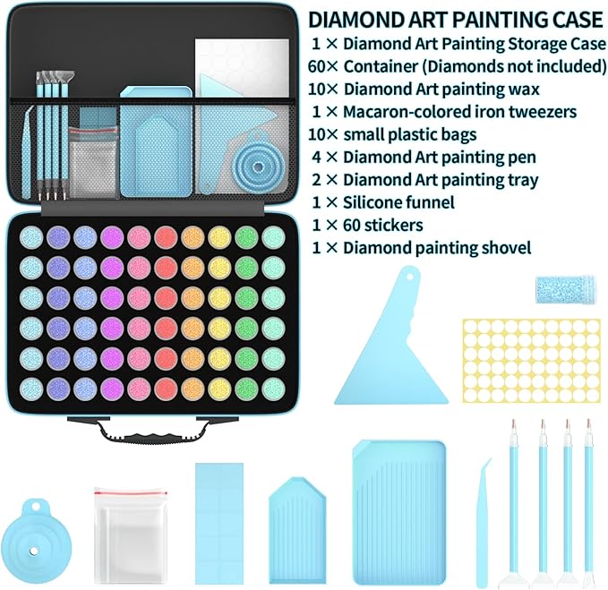 VANSUNS 60 Slots Diamond Painting Storage Containers Kits, Thickened Waterproof Portable Bead Storage Boxes for Diamond Painting Accessories and Tools, Blue