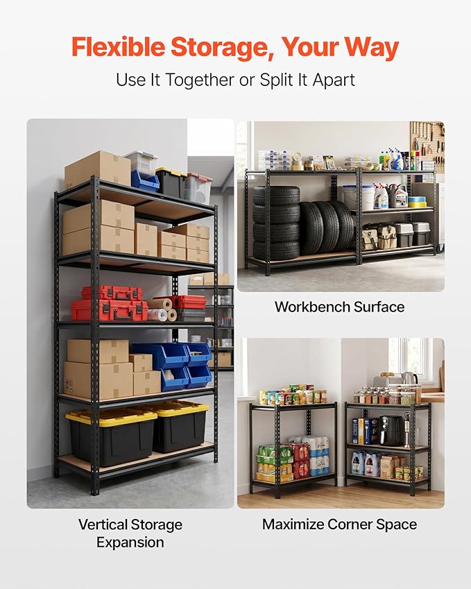 VEVOR Storage Shelves, 5-Tier Adjustable, 2500 lbs Capacity, Heavy Duty Garage Storage Shelving Unit, Metal Utility Rack Shelf, for Garage Warehouse Basement Kitchen, 40.35" W x 20.35" D x 71.38" H
