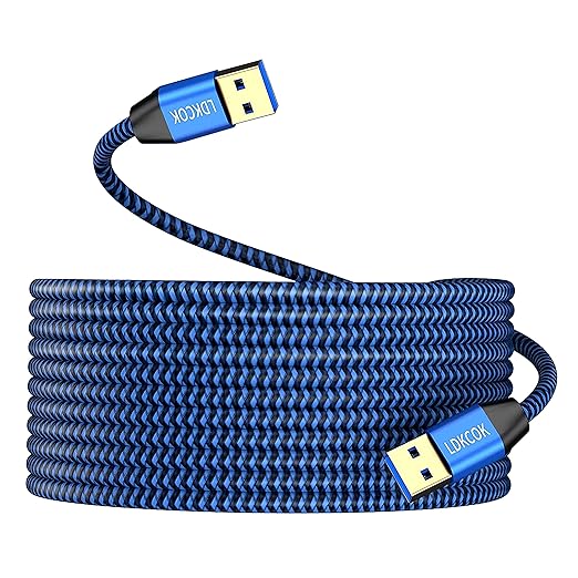 USB to USB Cable 15FT, Durable Braided USB 3.0 Male to Male Type A to Type A Data Transfer Cable, Compatible with Hard Drive, Laptop, DVD Player, TV, USB Hub, Monitor, Camera, Set-Top Box