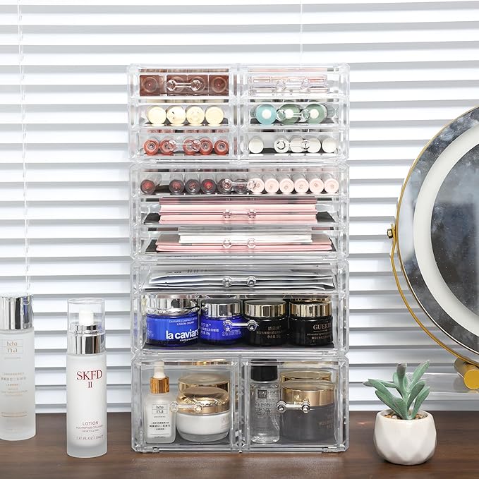 Cq acrylic 4 Pack Clear Acrylic Drawer Organizer Countertop,Stackable 13 Drawers Makeup Storage, Cube Make up Organizer for dresser Hair Clip,Beauty Product Desk and Bathroom Organizers and Storage