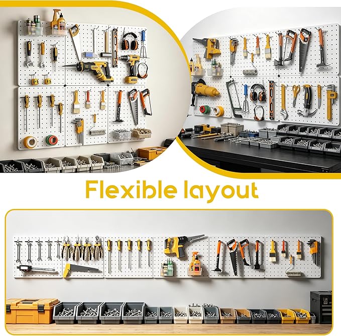 Peg Board for Tools, 6 Pack Metal Pegboard Wall Organizer with Hooks,14.76"×10.82" White Pegboard Panels for Walls Home, Garage Tool Storage, Kitchen, Office Organization, Craft Room