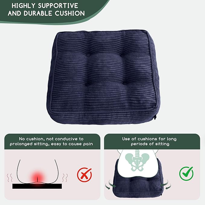 HIGOGOGO Tufted Corduroy Recliner Seat Cushion for Elderly, 20x20x5 Inch Large Square Seat Cushion for Recliner Chair, Floor Pillow, Office Chair, Car, No Pressure on Thighs, Navy