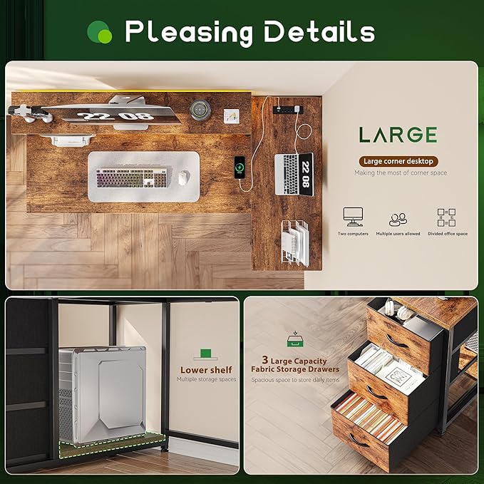 EnHomee 48" L-Shaped Computer Desk with 3 Drawers, 35.4" Monitor Riser, RGB LED Lights,3 AC outlets & 1 Type-C Charging Station, Reversible Corner Gaming Desk for Home Office, Study Room,Rustic Brown