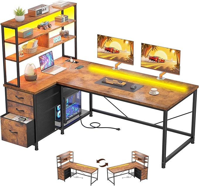 DurayLoly 55 Inch Computer Desk with 3 Fabric Drawers & 3 Shelves, Reversible L Shaped Desk Office Desk with Remote LED Lights, Power Outlet for Gaming Desk, Corner Desk for Bedroom,Dorm, Brown