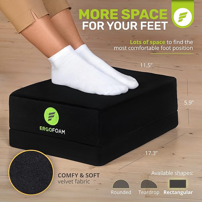 ErgoFoam Flat-Top Adjustable Foot Rest - High-Density Compression-Resistant Foam, Non-Slip, Black, Modern, Office