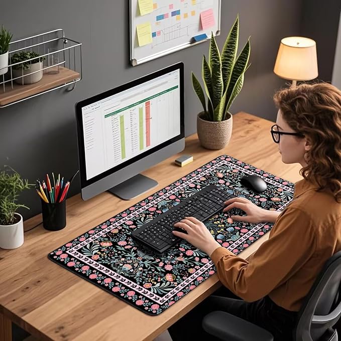 Black Floral Desk Mat, 31.5"x15.7" Large Mouse Pad, Anti-Slip Rubber Base Mousepad, Keyboard Pad with Stitched Edges, Water-Resistant Smooth Desk Blotter, Computer Mat for Home Office Desk