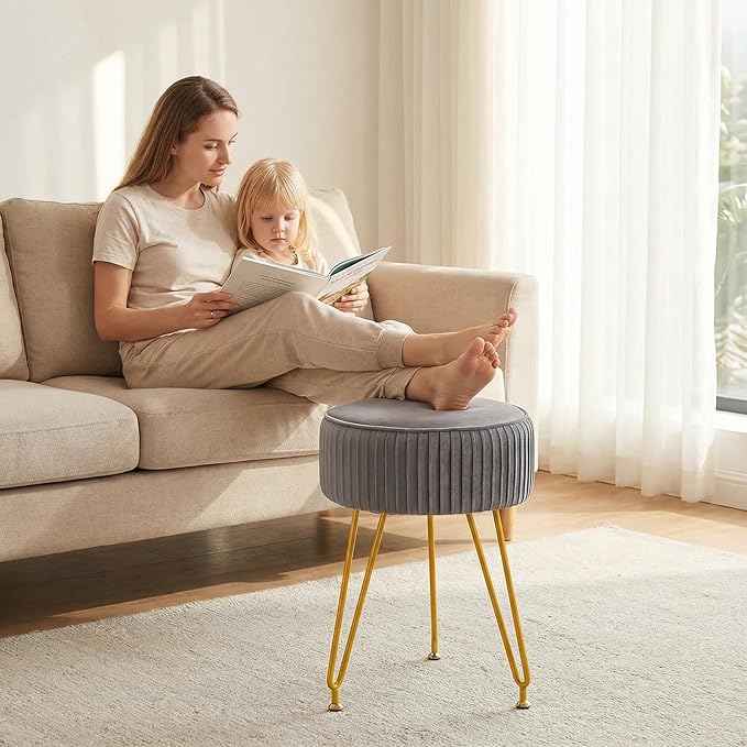 Velvet Vanity Stool Chair, Modern Ottoman Foot Rest Stool with Adjustable Golden Legs, Makeup Chair for Vanity, Multifunctional Makeup Stool for Vanity, Small Vanity Chair for Bedroom, Grey