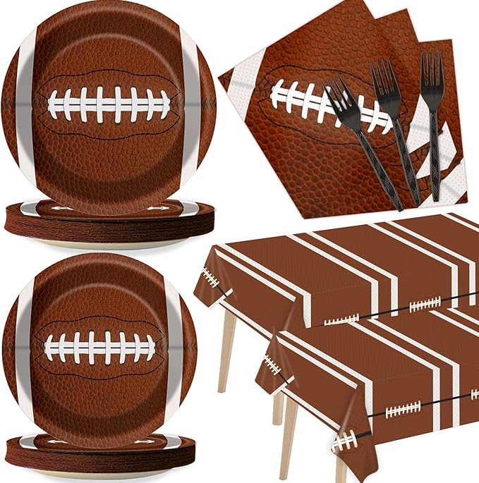 Football Party Tableware Kit for 24 Guests Football Theme Birthday Party Decorations Kids Rugby Party Table Supplies Includes Plates, Napkins, Tablecloths