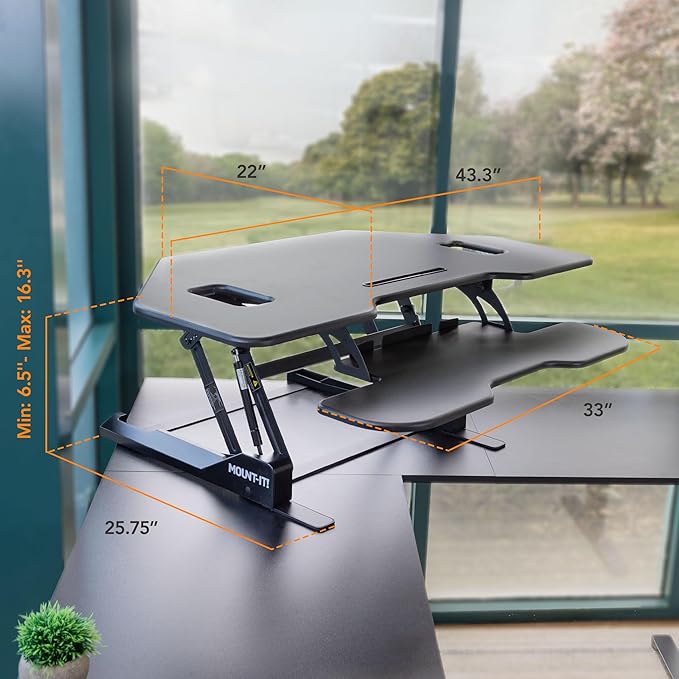 Mount-It! Corner Standing Desk Converter Height Adjustable 43” Wide Desktop, Corner Stand Up Desk with Gas Spring Lift Asssit, Stand Up Computer Workstation with Ergonomic Keyboard Tray | Black