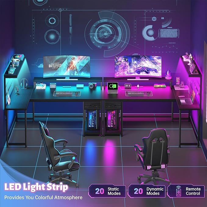 EnHomee 53" L Shaped Gaming Desk with RGB LED and Power Outlets, Reversible Corner Desk with Monitor Stand, Computer Desk with Deep Drawer & Storage Shelf for Home Office & Gaming, Black