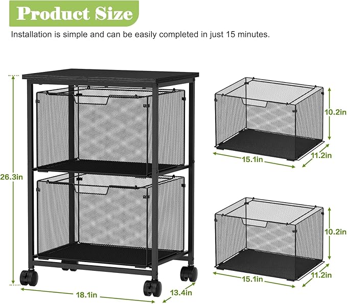 Sbanmao Letter/Legal Rolling File Cart with 2 Storage Drawers, Under Desk Storage, Vertical Filing Cabinet for Home Office, Hanging File Folders Organizer, Mobile Utility Cart Printer Stand, Black