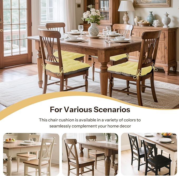 Non Slip Chair Cushions for Dining Chairs Set of 4 Kitchen Chair Cushions 18"x18"x3" Turfted Chair Pads Comfortable and Soft Seat Cushion with Ties, Yellow