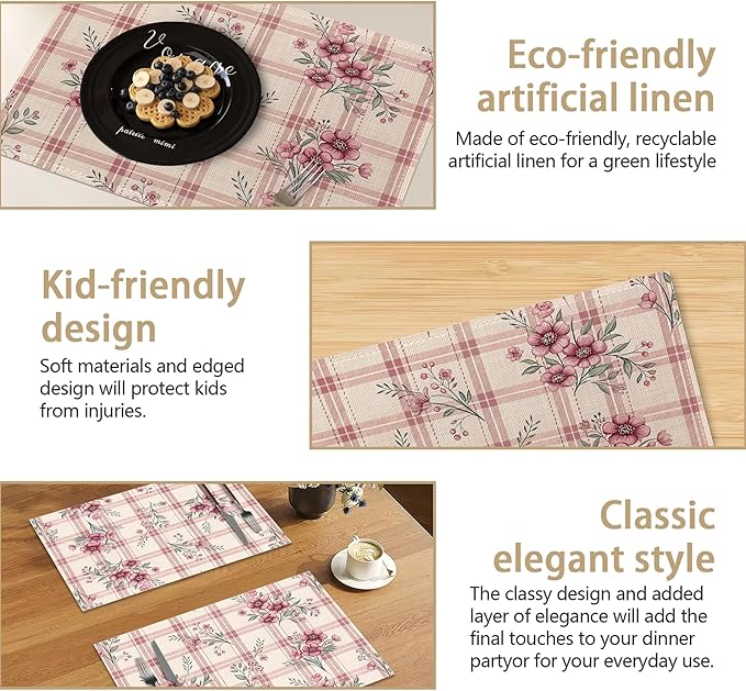 Placemats Set of 6, Cute Flowers Pink Linen Placemats 12x18 Inch, Heat Resistant Table Mats, Washable Non Slip Place Mats for Dining Table Kitchen Home