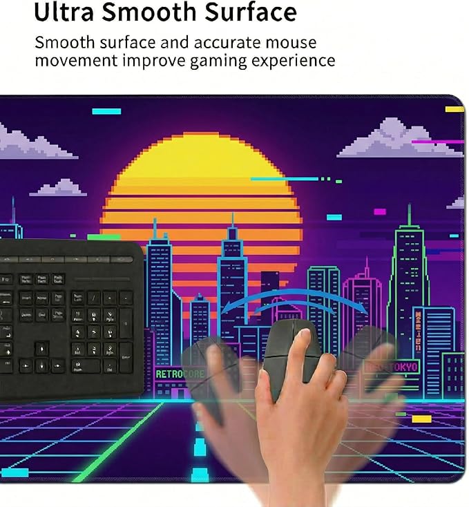 48x24in Retro Synthwave Mouse Pad, Neon City Extended Desk Mat, Non-Slip Waterproof Gaming Mousepad for Home Office & Gaming