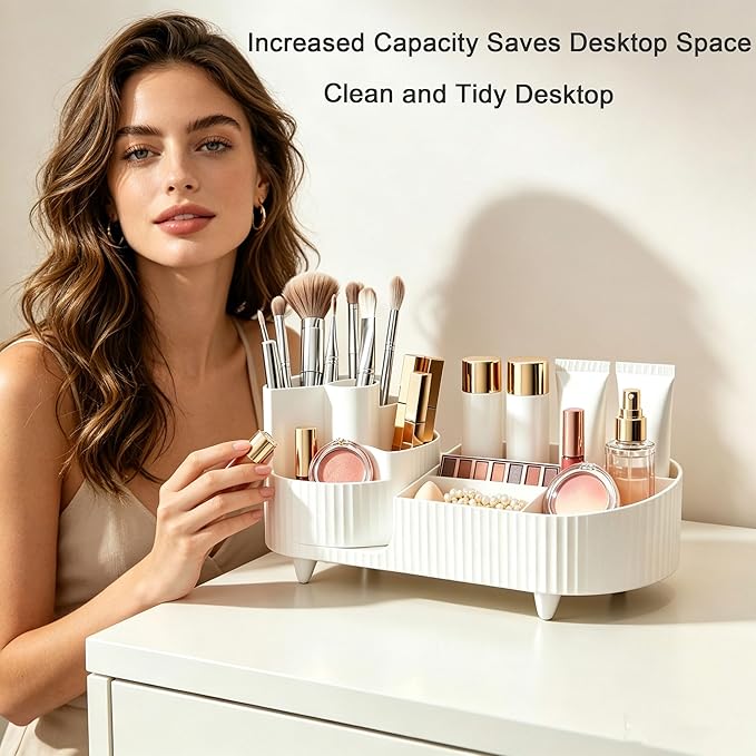 360 Rotating Makeup Organizer for Vanity Large Capacity Cosmetic Organizers with Makeup Brush Holder,Bathroom Counter Organizer and Vanity Organizer,Includes Collapsible Makeup Brush Cleaning Bowl