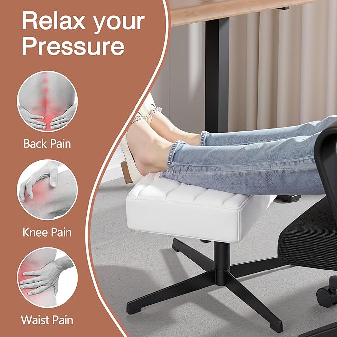VECELO Under Desk Footrest, PU Ergonomic Foot Rest with Comfort Padding, Height Adjustable for Relieving Leg Pain, Stiffness, and etc, White