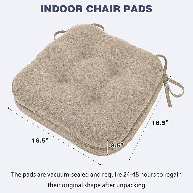 baibu Set of 2 Dining Chair Cushions, Dual-Layer Patent Design Memory Foam Kitchen Chair Cushions, Non-Slip Seat Pads with Ties, 16.5 x 16.5 x 3.5in, 2 Pack, Khaki