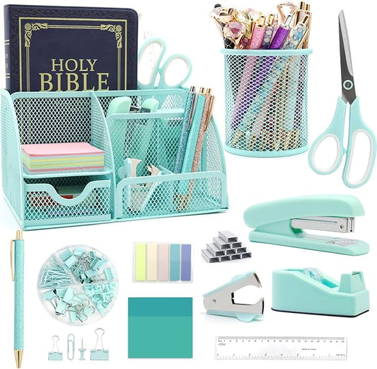 12 in 1 Green Desk Organizers & Accessories Set, Office Supplies Include Stapler, Pen Holder, Tape Holder, Scissors, Ruler, Staple Remover for Home & School