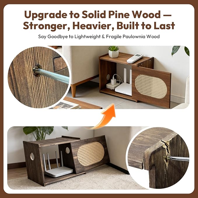 Wooden Wi-Fi Router Box Hider, Rattan Tabletop Cable Management Cabinet to Hide Modem & Cords, Fits Routers up to 11" H, Easy Assembly, 16"x10.4"x12"