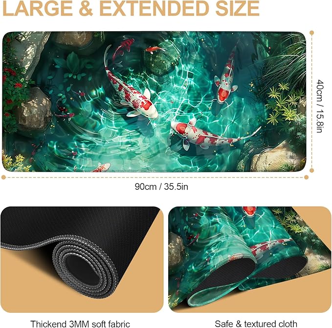 Large Mouse Pad Koi Fish Desk Mat, Extended Gaming Mouse Pad with Non-Slip Rubber Base, Thick 3mm Smooth Surface Keyboard Mat for Office & Home,35.43 x 15.75 in