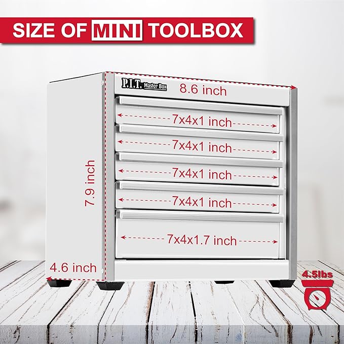 P.I.T. Mini Tool Box 8.6"W X 4.6"D, Portable 5-Drawer Micro Steel Stackable Toolbox with Liner, White Cute Tool Case for Small Tools Parts Storage, Home DIY