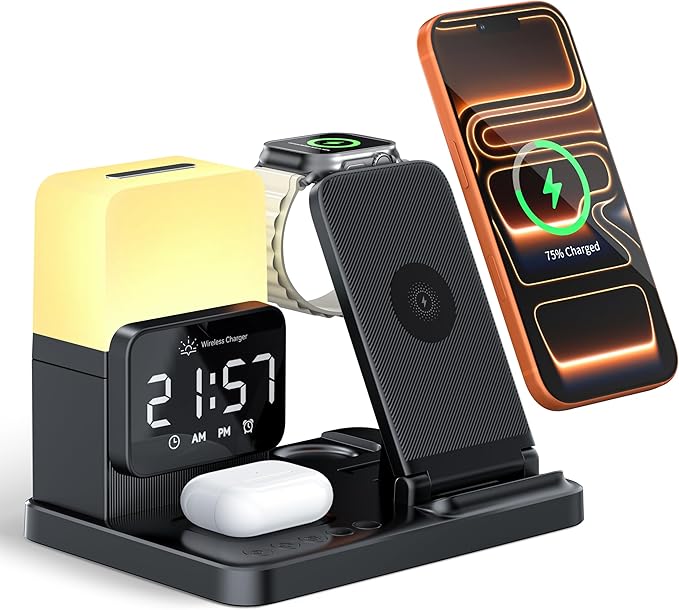 6-in-1 Wireless Charging Station, Charger Stand for Apple Multiple Devices, for iPhone 17 16 15 14 13 12 Pro Max Watch Airpods, Wireless Charger iPhone Charging Station with Night Light/Alarm Clock