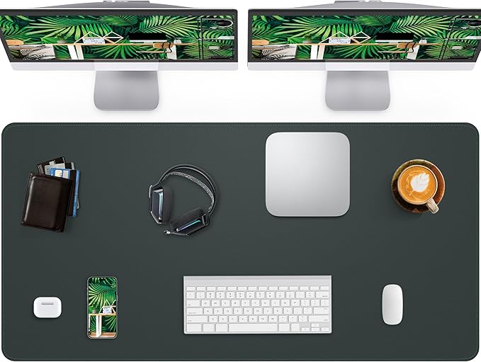 Large Desk Pad Mat - Waterproof Mouse Pad & Desk Protector, Non-Slip XL PU Leather Gaming Mat for Keyboard/Mouse, Stitched Edge with Ergonomic Support, 47"x17" (Dark Green)