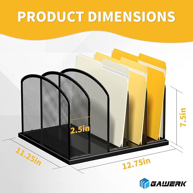 Gawerk Large Size Desk File Organizer, Metal Mesh Vertical Desktop File Holder, 5-Section file organizer for Desk Home Office Black