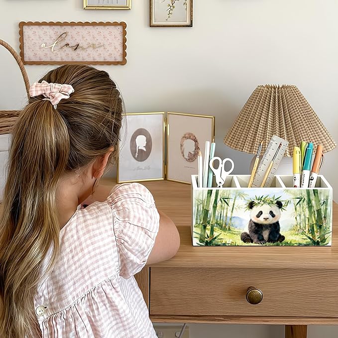 Panda Pen Pencil Holder for Desk Accessories, Cute Panda Gifts for Women & Kids, Wild Animal Wooden Box Sign Decorations for Kids Room Home Office Desk Tabletop