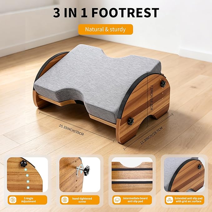 Foot Rest for Under Desk at Work, 3-in-1 Reversible Rocking Footrest Adjustable Foot Stool, Ergonomic Footrest for Under Desk, for Home, Office and Gaming, 5 Adjustable Heights, with Washable Cover