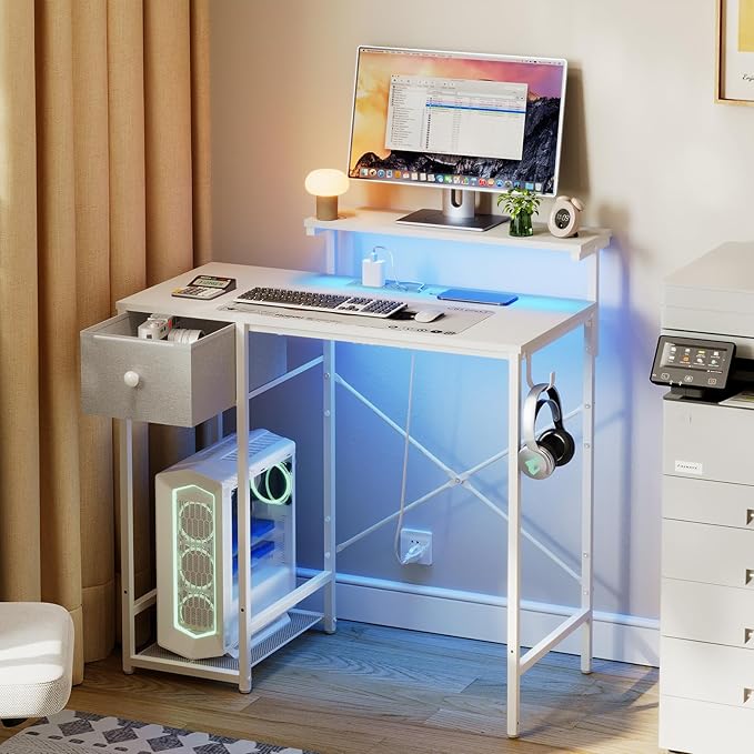 X-cosrack 33.5" Small Computer Desk with LED Lights & Outlets, Small Gaming Desk with Monitor Stand & CPU Stand, Teen Study Writing Table with Storage Drawer, Side Hooks for Bedroom, Home Office White