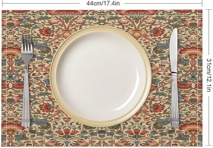 William Morris Floral Placemats Vintage Flower Art Style Boho Chic Retro Floral Linen Washable Table Mats Stain Heat-Resistant Desktop Decor Place Mats for Home Kitchen Dining Party 12x18 in 6 Pcs