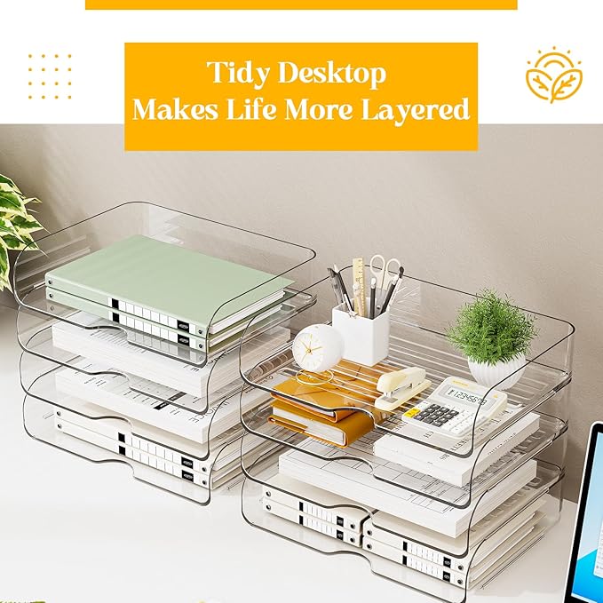 HIYOHIYO Clear Office A4 Paper Desk Organizer, Acrylic Desktop Organizer for A4 File Folder Stackable, Large Capacity Desk Letter Paper Holder, Organizer for Office File, 4 Tier Horizontal Style