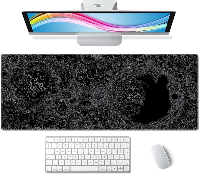 Moon Topographic Map Desk Mat Black Large Mouse Pad XL Extended Gaming Mousepad Keyboard Mouse Mat Desk Pad for Computer Laptop 31.5''X11.8'' Non-Slip Rubber Base with Stitched Edges