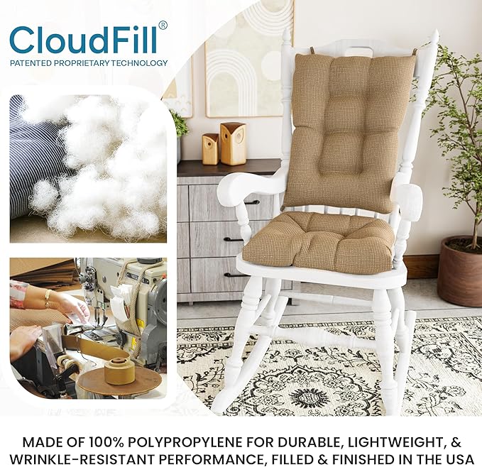 Klear Vu The Gripper Non-Slip Rocking Chair Cushion Set with Thick Padding, Includes Seat Pad & Back Pillow with Ties for Indoor Living Room Rocker, 17x17 Inches, 2 Piece Set, Tan