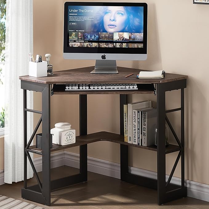 VECELO Corner Desk Computer Desk Writing Table with Smooth Keyboard Tray & Storage Shelves,Compact Home Office Triangle Table,Rustic Brown