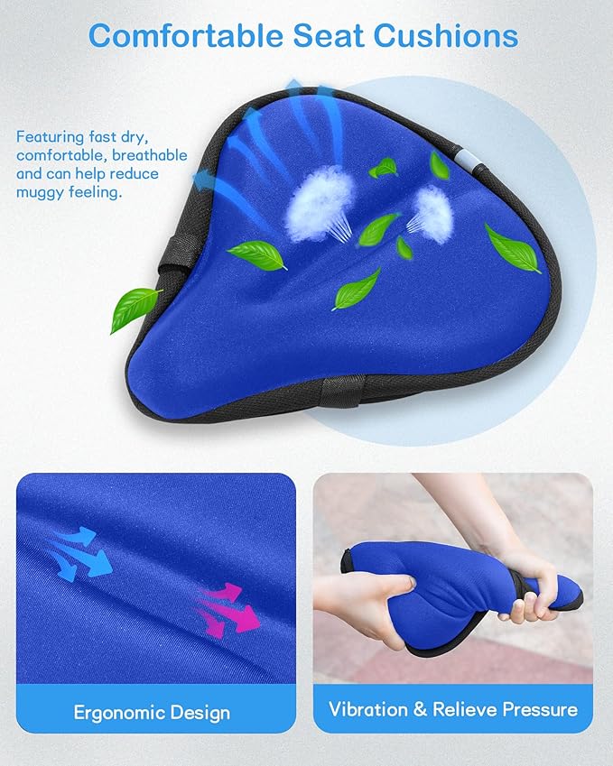 CUNCUI Bike Seat Cushion, Gel Bike Seat Cover, Bicycle Seat Cushion Covers for Women Men Comfort Compatible, Suitable for Outdoor and Indoor (11x10 inch)-Blue