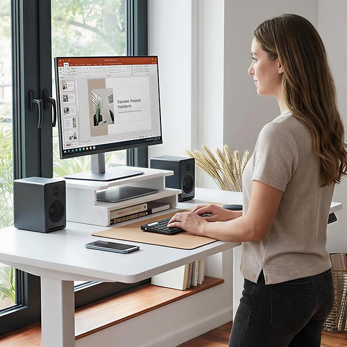 Computer Monitor Stand Riser, 16.5 Inch Wood Desk Shelf Storage Organizer with Phone Tablet Holder, White