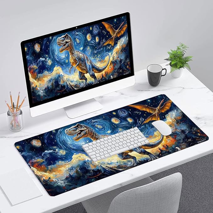 Dinosaur Gaming Mouse Pad Oil Painting Night Sky Dreamy Extended Mousepad Waterproof Stitched Edges Rubber Base Non-Slip Deskmap Computer Keyboard Mat Office Computer Keyboard Laptop 31.5x11.8 Inch