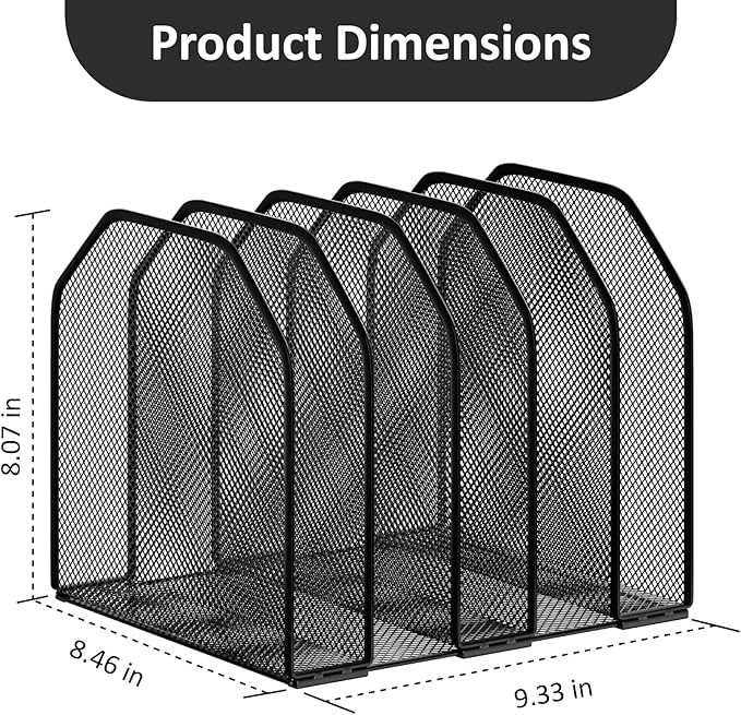 FUCDTEFC Desk File Organizer, Adjustable 5 Sections Upright Desktop Organizer File Sorter, Sturdy Metal Mesh Vertical Bookshelf File Holder Workspace Accessories for Home,School,Office Classroom,Black