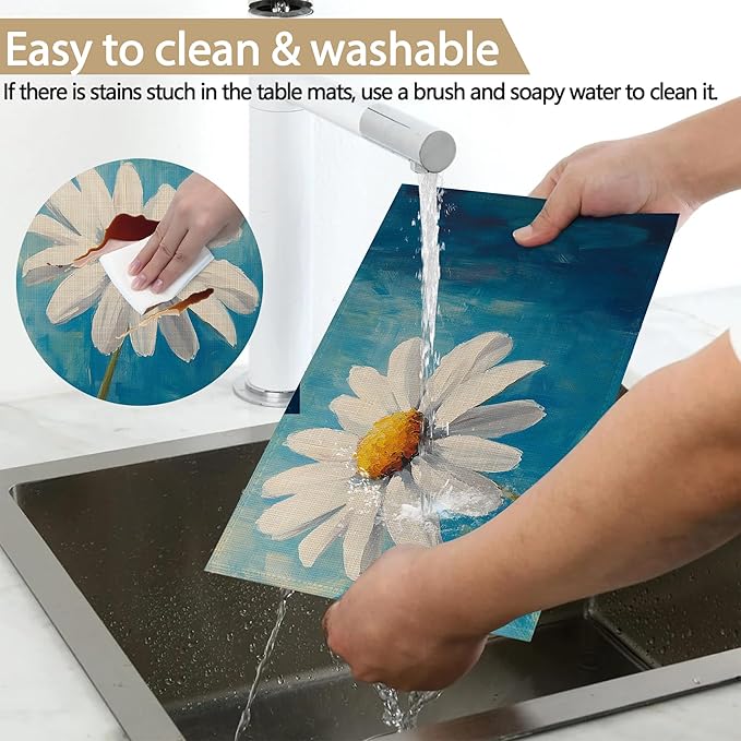 Vintage Daisy Flower Placemats Set of 6 Linen Table Mats, 12x18 Inch Washable Placemats for Dining Table, Non Slip Heat Resistant Mats for Kitchen Home Decor