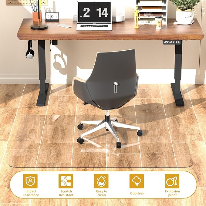 Tempered Glass Chair Mat 60" x 48" - 1/5" Thick, Heavy Duty, Anti-Slip Pads, for Office Chairs on Carpet or Hard Floorr with 4 Anti-Slip Pads, Rolling Glass Chair Mat
