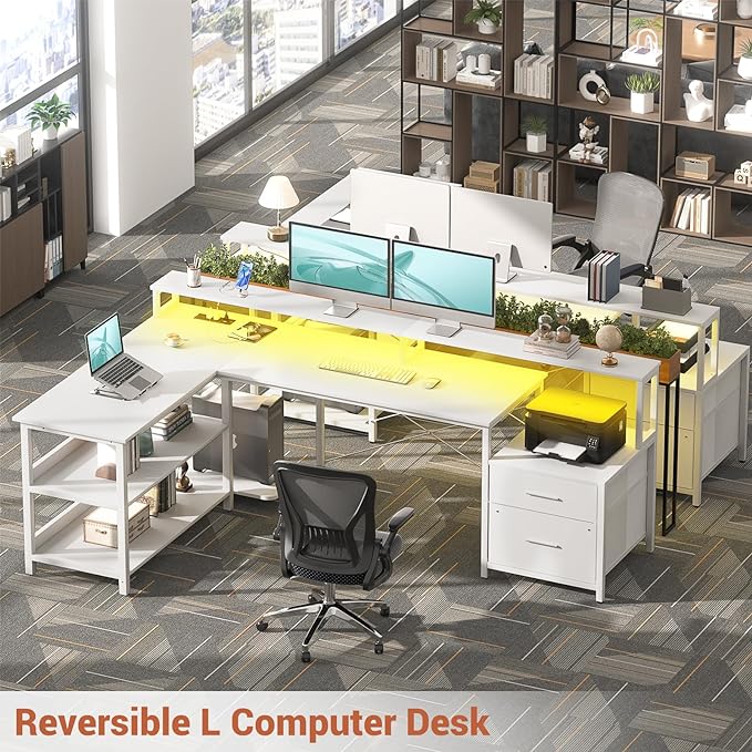 Aheaplus L Shaped Desk with Power Outlet, Reversible L Shaped Computer Desk with File Drawer & Monitor Stand, Gaming Desks with LED Strip, Home Office Desks with Storage Shelf, White