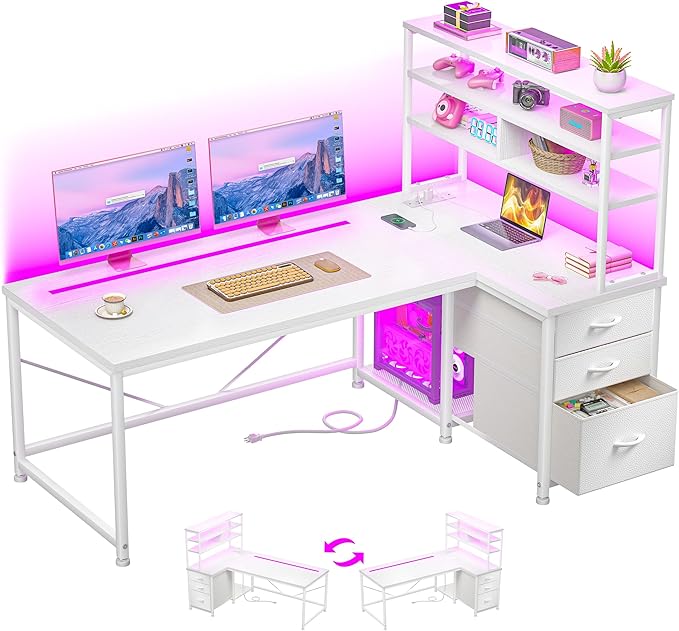 DurayLoly 55''L Shaped Desk Gaming Desk with 3 Fabric Drawers & Shelf, 55 Inch Computer White Desk with Remote LED Lights, Power Outlet of Corner Desk for Home Office,Vanity Desk for Bedroom,White